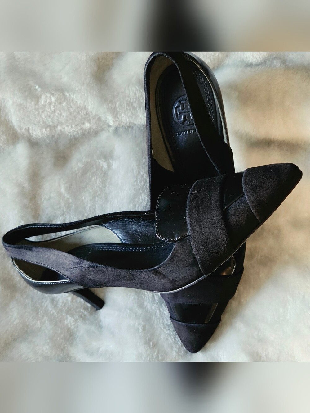 Tory Burch Black Suede Pointed Toe Slingback Heels with Leather Accent